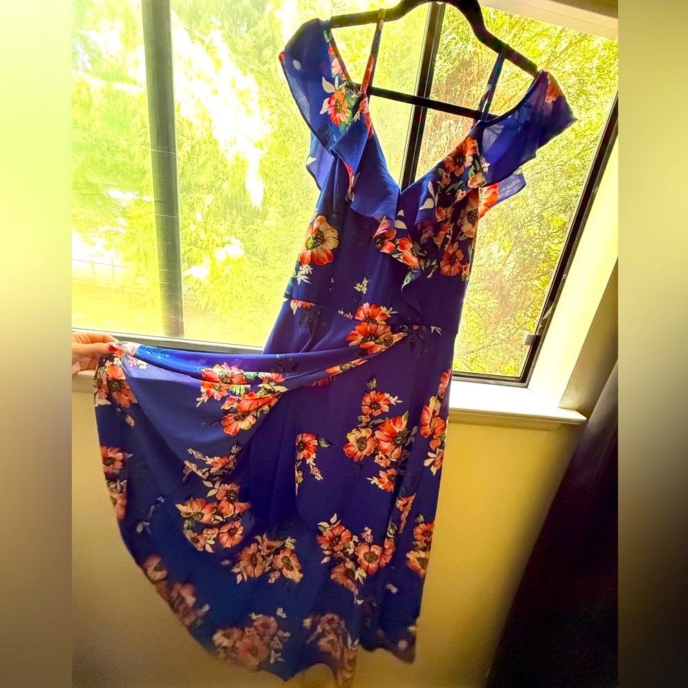 Floral Blue Dress with Ruffle Details